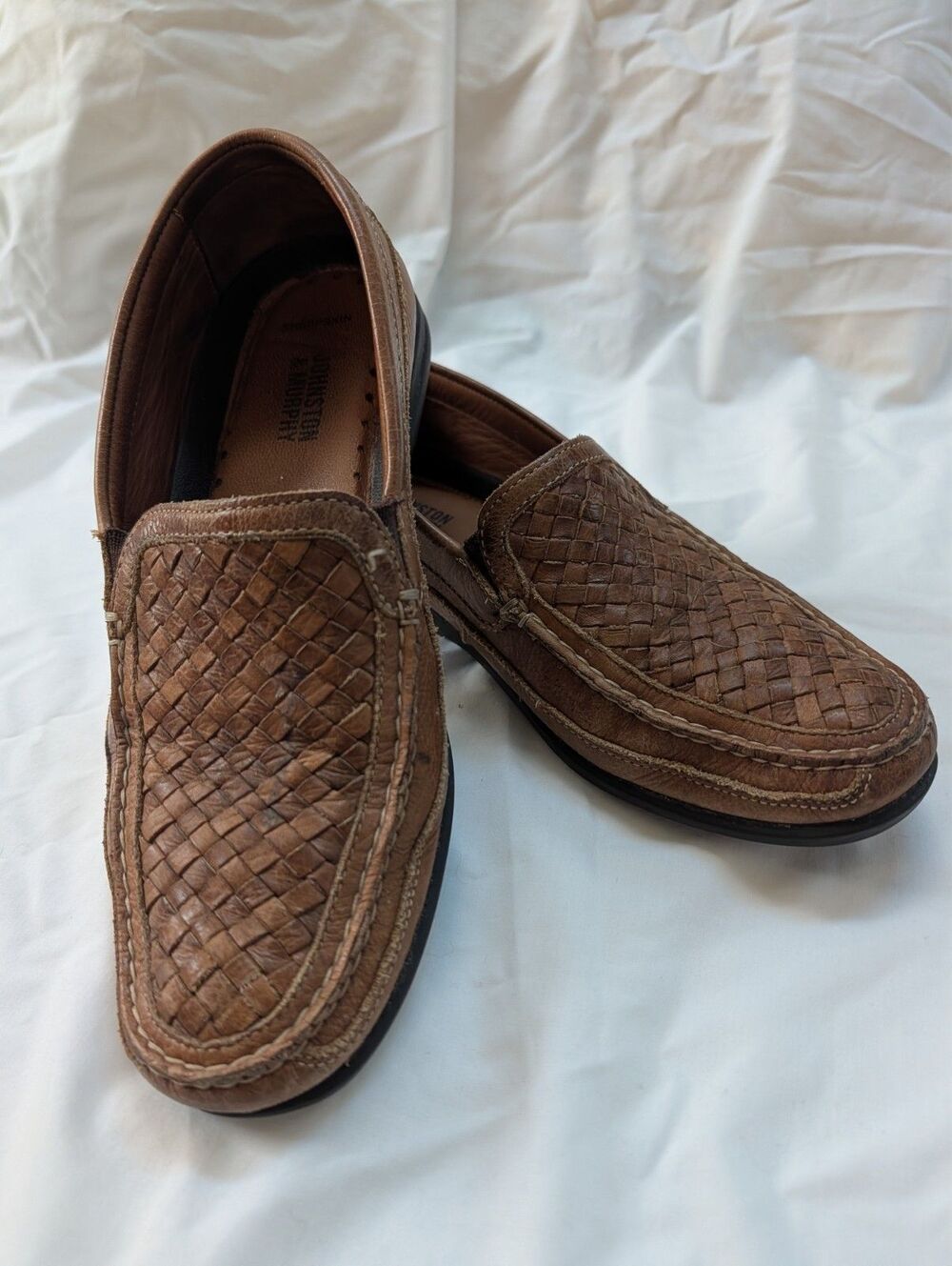 Johnston & Murphy Mens 8.5M Brown Woven Leather Loafers Sheepskin Slip On Shoes